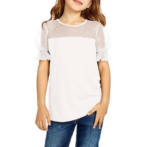 Haloumoning Girls Shirts Sheer Puff Sleeve Tops Cute Swiss Dots Summer Blouse Tee 5-14 Years