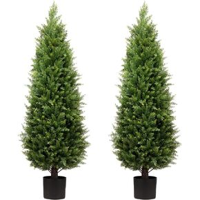 4ft Artificial Cedar Trees Artificial Topiary Trees Set of 2 Faux Cypress Plants UV Resistant Potted Bushes Faux Shrubs for Outdoor Indoor Front Porch Garden
