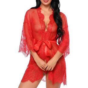 Women Sexy Lace Robe Erotic Deep V Pajamas Mesh Floral Nightgown with Straps Lingerie Thong Sheer Sleepwear Nightdress