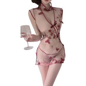 Sexy Women's Chinese Classical Cheongsam Lingerie Chinese Cheongsam Hollow Print dress pajamas