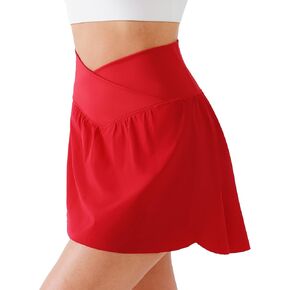 Flowy Tennis Skorts with Built in Shorts and Hidden Pockets for Women High Waisted Crossover Athletic Golf Workout Skirt