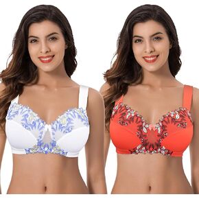 Curve Muse Women's Plus Size Minimizer Wireless Unlined Bra with Embroidery Lace