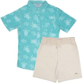 Tommy Bahama Boys Hawaiian Button أسفل قميص قصير الأكمام ومجموعة شورت الخصر المرن ، الزي الصيفي غير الرسمي من قطعتين للأطفال