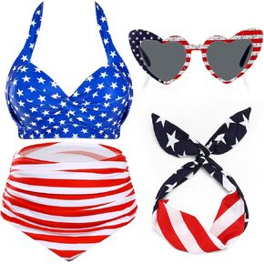 JaGely Women's American Flag High Waisted Bikini Swimsuit, Headband with Heart Sunglasses for 4th of July Costume
