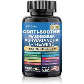 Corti-Soothe Cortisol Supplement,Magnesium Glycinate 200mg, L-Theanine 150mg, Phosphatidylserine 50mg & Manager Lions Mane Holy Basil Ginkgo Biloba Bacopa Monnieri Valerian (60 Capsules) DD