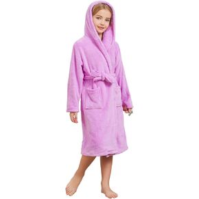 Girls Fleece Robe, Hooded Soft Warm Bathrobe Sleepwear for Kids 2-12 Years