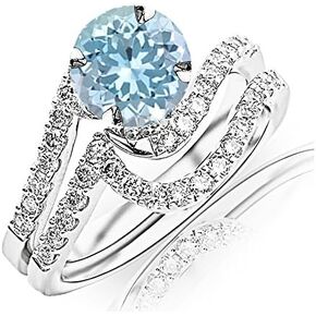 2.27 Carat t.w 14K White Gold Curving Pave & Prong-set Round Diamond Engagement Ring and Wedding Band Set w/a 2 Carat Round Cut Blue Topaz Quality