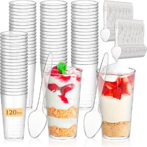 120 Pcs Dessert Cups with Spoons 60 Pcs 5 OZ Mini Clear Plastic Dessert Parfait Cup 60 Pc Spoons for Party Small Round Serving Goblet Wine Shot Disposable Fruit Ice Cream Mousse Pudding Appetizer Bowl