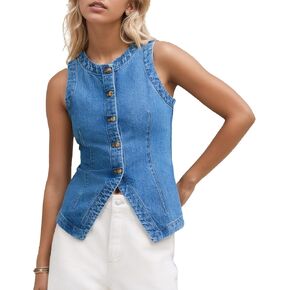 D-Sun Women Denim Vest Sleeveless Crewneck Button Down Jean Waistcoat Casual Front Slit Slim Denim Tank Top