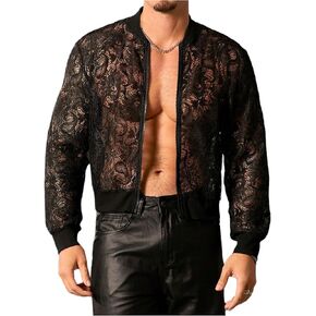 WDIRARA Men's Sheer Floral Lace Bomber Jackets Long Sleeve See Through Coats Zip Up Outerwear