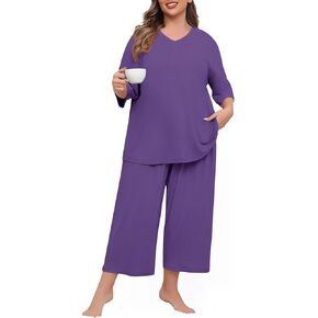 Lastshe Women's Plus Size Pajama Set 2 Piece V Neck Capri Pants Loungewear with Pockets Knit Soft Pjs Sleepwear