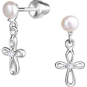 Cherished Moments Children's Sterling Silver Cultured Pearl or CZ, Dangling Cross Earrings with Screw Backs for Baptism, Christening, First Communion Gift for Babies, Kids, Toddlers, and Little Girls