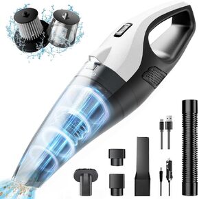 Car Vacuum Portable Cordless - Handheld Vacuum Cordless with with LED Light, 15000Pa Strong Suction with 5 Nozzles, Hand Vacuum Cleaner for Car, Home, Pet, Black & White