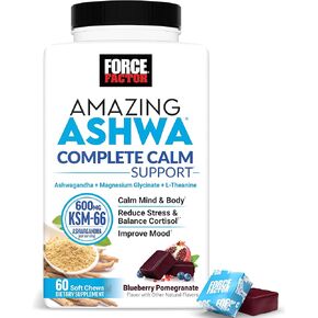 Force Factor Amazing Ashwa Ashwa Complete Complete Support مع KSM-66 Ashwagandha ، مثل Ashwangandha Gummies لتعزيز الهدوء والاسترخاء مع المغنيسيوم و L-theanine ، العنب البري ،