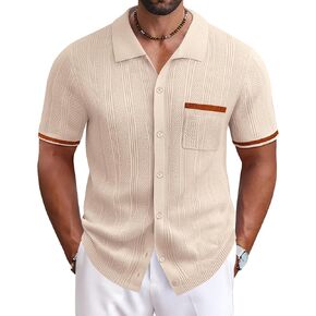 COOFANDY Men's Knit Button Down Shirt 2025 Vintage Short Sleeve Polo Shirt Casual Beach Tops