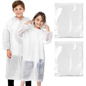 BFONS Rain Ponchos for Kids, Reusable Raincoats for Boys Girls with Hood and Sleeves, Waterproof Rain Jackets for Travel Outdoor White 2PCS