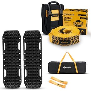 BUNKER INDUST Traction Boards with Jack Base Black (Black) + 3" x 30ft Tree Saver Winch Strap 35,000 lbs Recovery Straps with Bag