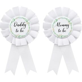 2 Pcs Mom To Be & Daddy to be Badge Pin, Baby Shower Button Pins, White New Dad New Mom Rosette Gender Reveal Party Gift Decorations - Simple Pattern