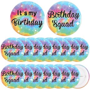 Serencatcher Tie Dye Birthday Party Favors Button Pins, 18pcs It's My Birthday and Birthday Squad Badges Pins for Tie Dye Birthday Party Decorations Supplies Accessories Gifts