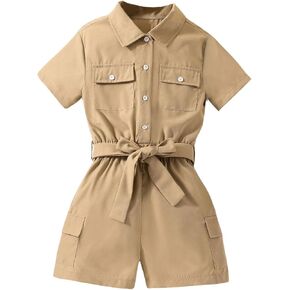 WDIRARA Girl's Button Down Flap Pocket Mini Romper Short Collared Neck Short Sleeve Belted Shirt Jumpsuit