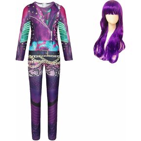 Girls Mal and Evie Costume Set Jacket with Pants Halloween Cosplay Outfit Wig Included for 6-10 Years