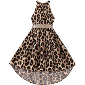 SweatyRocks Girl's Leopard Print Halter Neck Sleeveless Midi Dress A Line Dresses with Belt