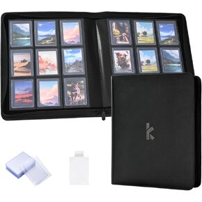16 Pocket Card Binder, 1000+ Trading Card Binder with 100 Card Sleeves, PU Leather, Ringless and Zip Protect, Side Loading Card Collection Binder for Trading Cards and Collectible Cards (Blue)