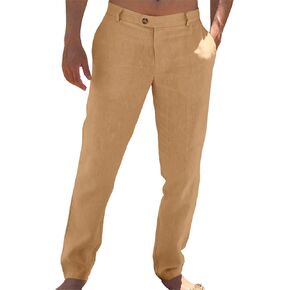 Runcati Mens Casual Pants Elastic Waist Linen Lightweight Straight-Legs Loose Fit Summer Beach Yoga Trousers