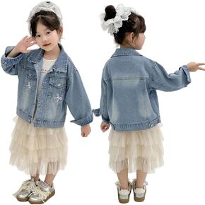 Girls' Classic Pearls Denim Jackets Kids Button Down Jeans Jacket Top Coat Outwear