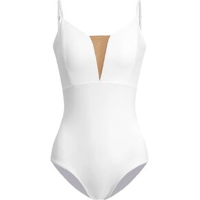 Women's V-Neck Ballet Leotard with Nude Mesh & Adjustable Straps – Elegant & Comfortable Dancewear