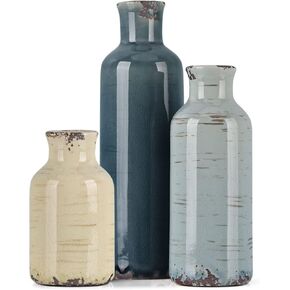 Blue Ceramic Vases Set - 3 Blue Small Vase, Farmhouse Country Blues Vases Home Decor, Living Room Decoration, Table Decoration, Fireplace Decor, and Entrance Decorations Centerpieces