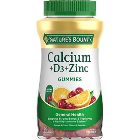Nature's Bounty Calcium + D3 + Zinc Gummies, Supports Strong Bones & Teeth Plus a Healthy Immune System, 500mg, Orange and Cherry Flavored, 70 Gummies