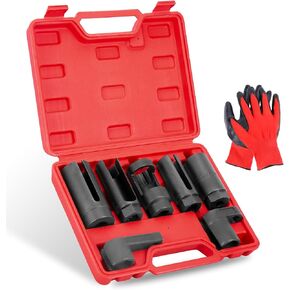 9Pcs Automotive Oxygen Sensor Socket Set and Oil Pressure Sending Unit Sensor Socket 22mm 27mm 29mm Wrench Disconnection and Installation Tool Kit Universal for Vehicles (Red)