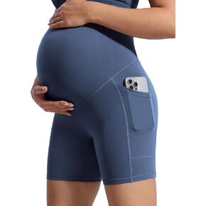 POSHDIVAH Women's Creamluxe Maternity Biker Shorts Over The Belly with Pockets - 6"/8" Summer Pregnancy Yoga Workout Short