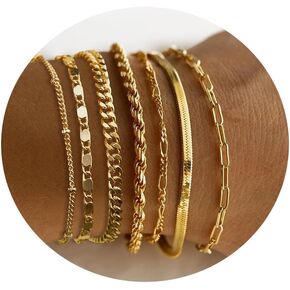 Gold Bracelets for Women, 14K Real Gold Dainty Layered Cuban Link Paperclip Chain Herribone Bracelets Cute Stackable Gold Chain Bracelet Set for Women Trendy Jewelry Gifts