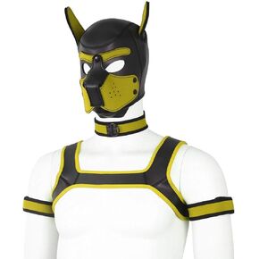 Adults Neoprene Puppy Hood Custom Animal Head Mask Novelty Costume Dog Hood Mask,Collar,Armband and Harness Set (Yellow)