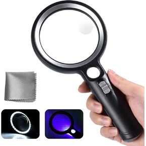 30X Magnifying Glass with Light, 30LED Magnifier with Light, 4.3in Handheld Large Magnifying Glass, 30X 45X 60X Illuminated Magnifier for Seniors Reading, Inspection, Coins, Jewelry, Exploring