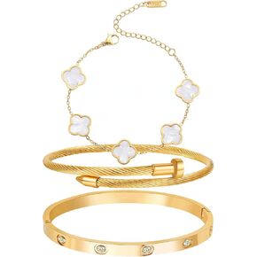 18K Gold Plated Four Leaf Clover Bracelet Bangle Set for Women Stack Bracelets Stainless Steel Bangle Set for Love Trendy Jewelry Gifts for Women (3 Sets(Bracelet,2Bangle))