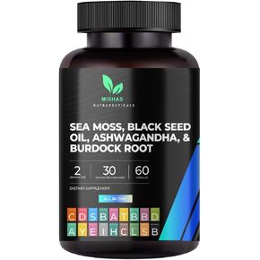 Nutraceuticals Sea Moss Blend with Black Seed Oil, Ashwagandha, Turmeric, Bladderwrack, Burdock Root, Vitamin C & D3, Elderberry, Manuka, Dandelion, Yellow Dock, Iodine, Chlorophyll & ACV