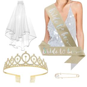 CIEHER Crystal Crown + Bride To Be Sash + Veil Set, Bachelorette Party Decorations