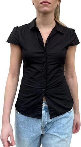 Y2K Girls Vintage Coquette Button Down Down Women Women Shirt Sleeve V-Neck Slim Fitged T-Shirt Top Plouse Prot Top in Kuwait