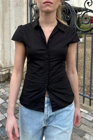 Y2K Girls Vintage Coquette Button Down Down Women Women Shirt Sleeve V-Neck Slim Fitged T-Shirt Top Plouse Prot Top in Kuwait