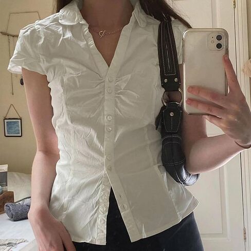 Y2K Girls Vintage Coquette Button Down Down Women Women Shirt Sleeve V-Neck Slim Fitged T-Shirt Top Plouse Prot Top in Kuwait