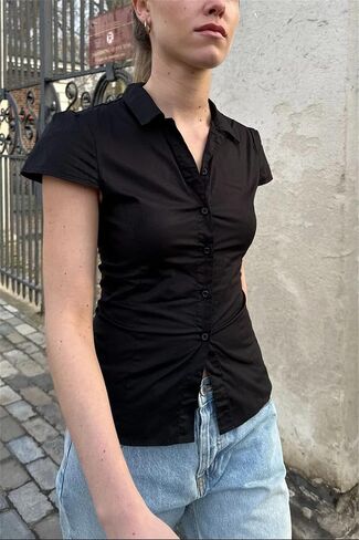 Y2K Girls Vintage Coquette Button Down Down Women Women Shirt Sleeve V-Neck Slim Fitged T-Shirt Top Plouse Prot Top in Kuwait
