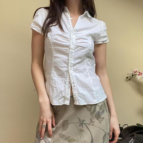 Y2K Girls Vintage Coquette Button Down Down Women Women Shirt Sleeve V-Neck Slim Fitged T-Shirt Top Plouse Prot Top in Kuwait