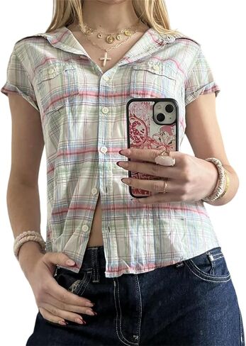 Y2K Girls Vintage Coquette Button Down Down Women Women Shirt Sleeve V-Neck Slim Fitged T-Shirt Top Plouse Prot Top in Kuwait