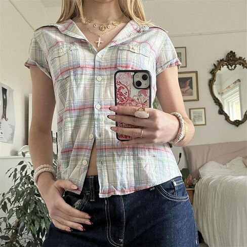 Y2K Girls Vintage Coquette Button Down Down Women Women Shirt Sleeve V-Neck Slim Fitged T-Shirt Top Plouse Prot Top in Kuwait