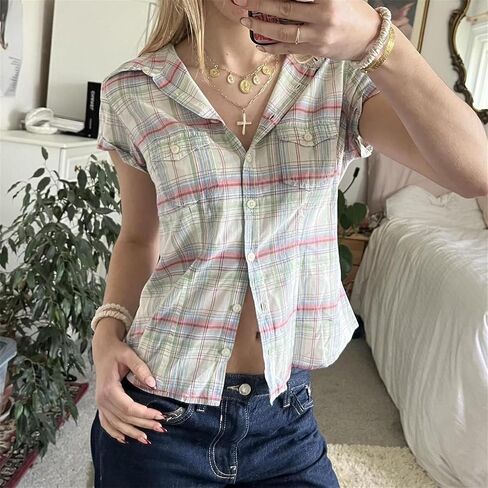 Y2K Girls Vintage Coquette Button Down Down Women Women Shirt Sleeve V-Neck Slim Fitged T-Shirt Top Plouse Prot Top in Kuwait