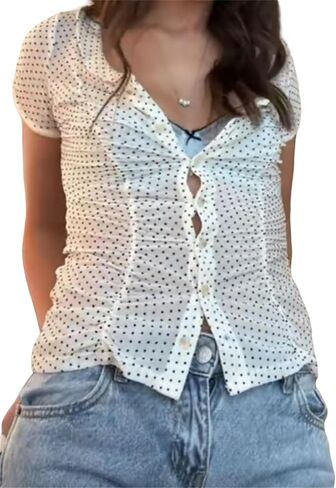 Y2K Girls Vintage Coquette Button Down Down Women Women Shirt Sleeve V-Neck Slim Fitged T-Shirt Top Plouse Prot Top in Kuwait