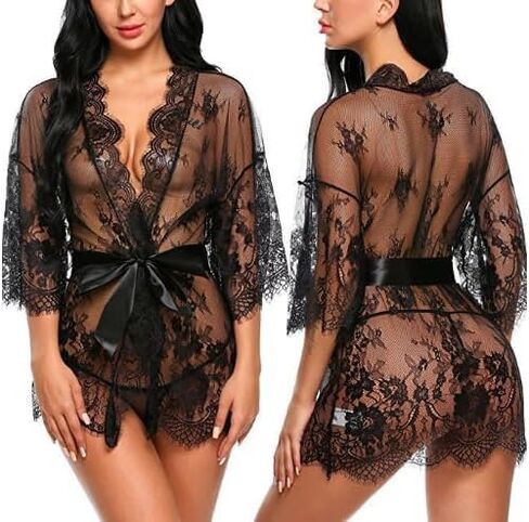Women Sexy Lace Robe Erotic Deep V Pajamas Mesh Floral Nightgown with Straps Lingerie Thong Sheer Sleepwear Nightdress in Kuwait